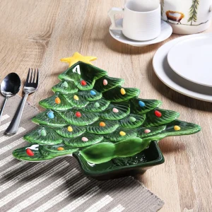 Store Mr. Christmas 14.25'' Nostalgic Ceramic Tree Dip Platter - Green