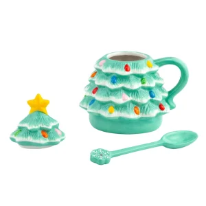 Hot Mr. Christmas Nostalgic Ceramic Tree Lidded Mug With Spoon - Seafoam